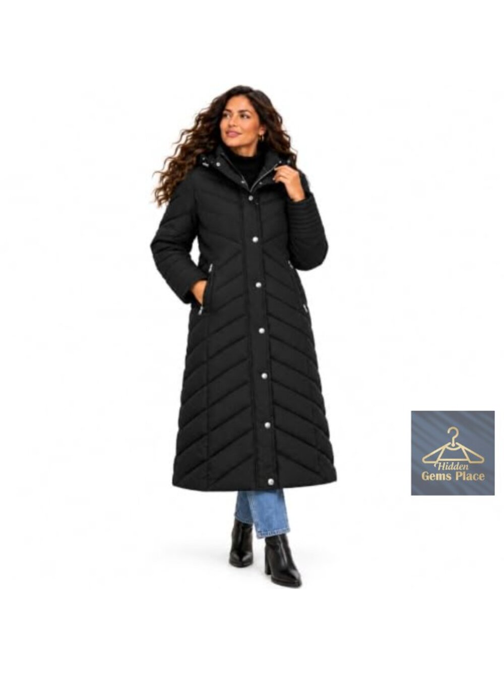 Long Chevron Maxi Puffer Coat Wind Water Resistant Hooded Winter Jacket